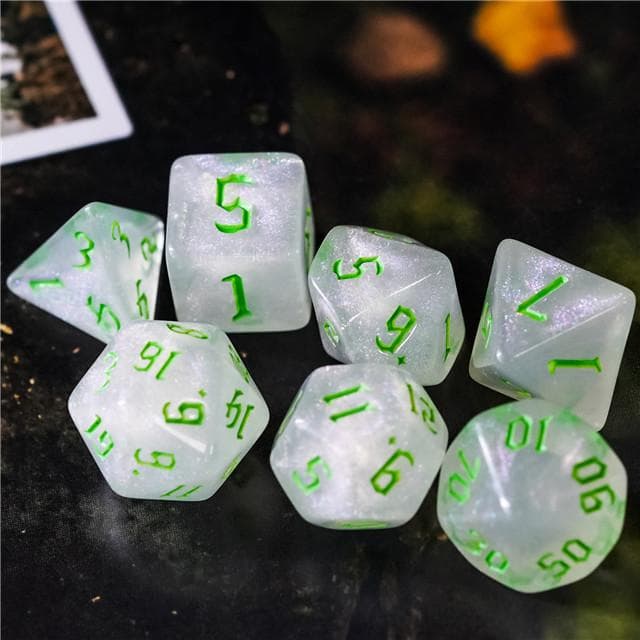 Polyhedral Dice Set | Acrylic | "Moonstone Thorns" Green Ink | Set of 7 (D0123)
