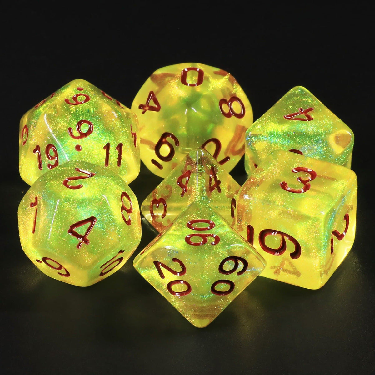 Polyhedral Dice Set | Acrylic | "Acidic Slime" (Red Ink) | Set of 7 (D0060)