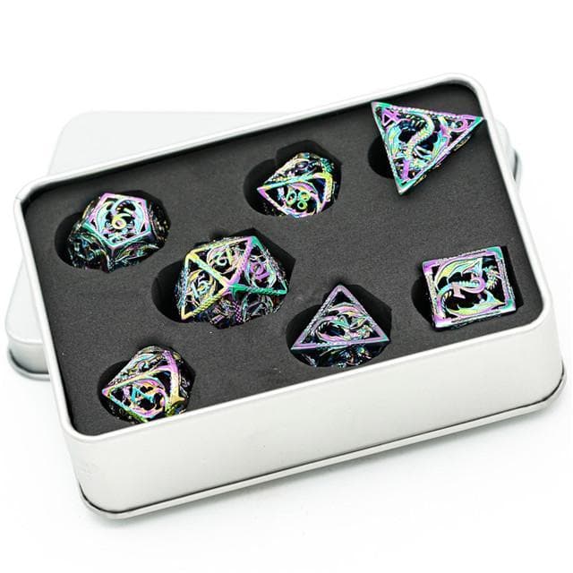 Metal Dice | Hollow "Dragon" Rainbow | Set of 7
