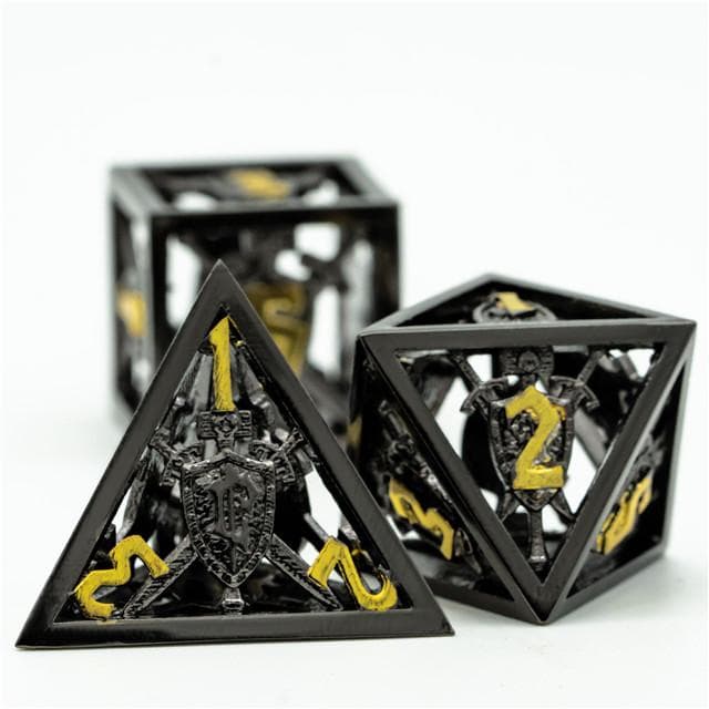 Metal Dice | Hollow "Shield" Black & Gold | Set of 7