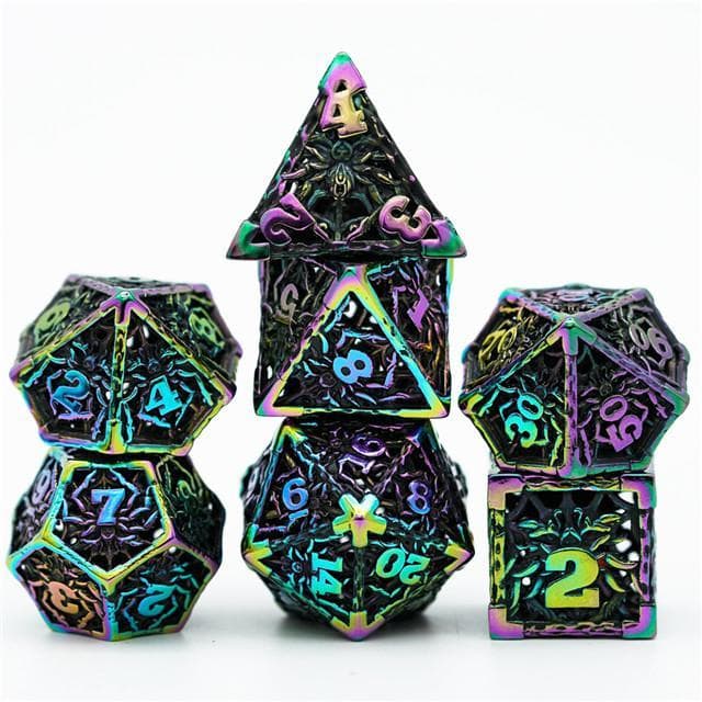 Metal Dice | Hollow "Spider" Rainbow | Set of 7