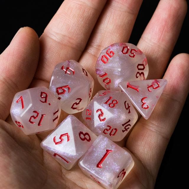 Polyhedral Dice Set | Acrylic | "Moonstone Thorns" Red Ink | Set of 7 (D0182)
