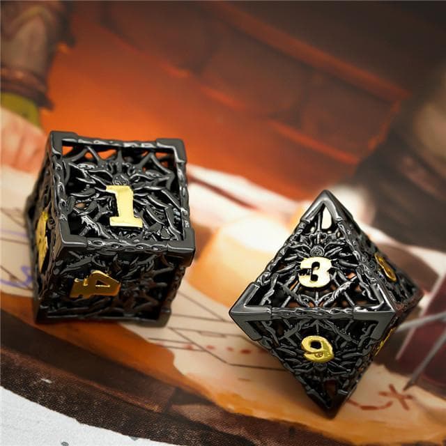 Metal Dice | Hollow "Spider" Black & Gold | Set of 7