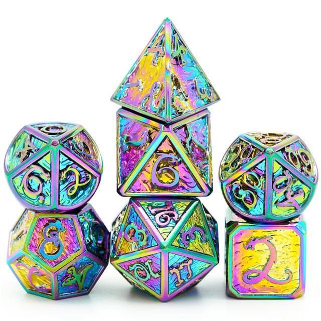 Metal Dice | Rainbow Chrome w/Dragon and Clouds | Set of 7