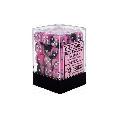 Chessex | d6 Dice Block | Acrylic | Gemini Black-Pink/white 12mm d6 (36 Dice) (CHX 26830)