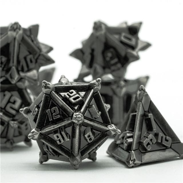 Metal Dice | "Cruel Caltrops" Brushed Silver | Set of 7