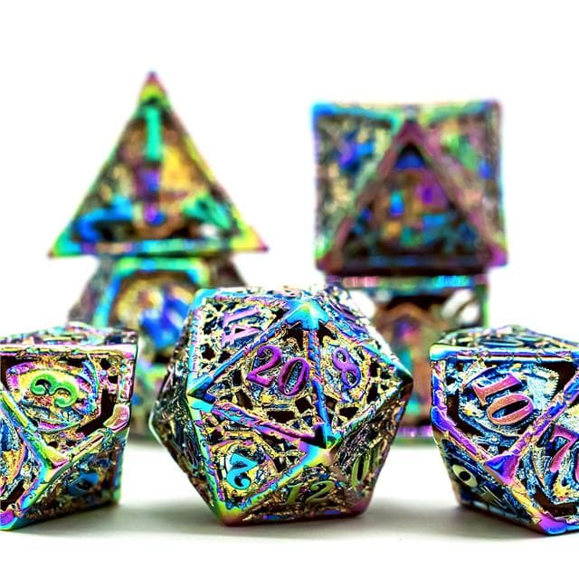 RPG Dice Set | Hollow Metal | "Dragon Coat of Arms" - Rainbow | Set of 7 (D0228)