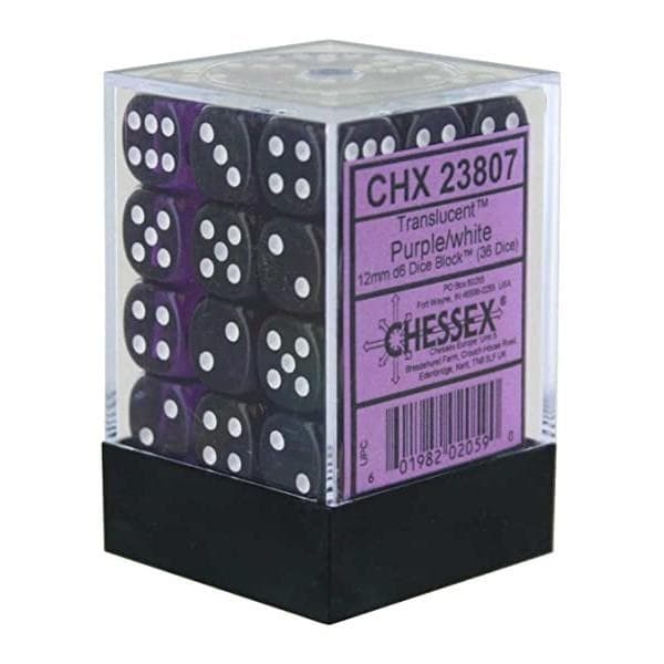 Chessex | d6 Dice Block | Acrylic | Translucent Purple/white 12mm d6 (36 Dice) (CHX 23807)