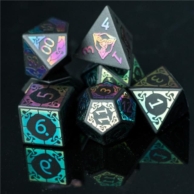 Gemstone Dice | Matte Obsidian w/ Rainbow Foil Celtic Knot | Set of 7