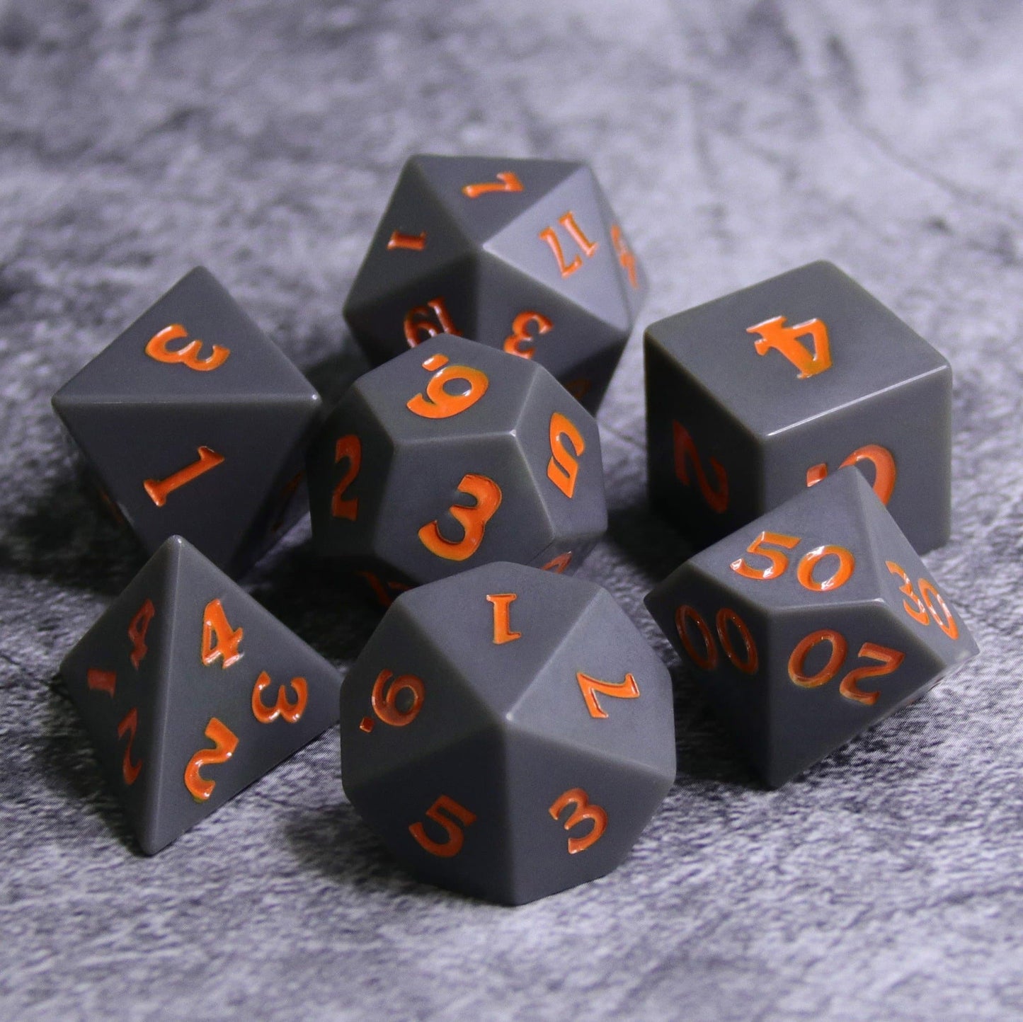 RPG Dice | Slate w/ Orange Ink (Sharp Edged) | Set of 7