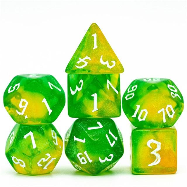 Polyhedral Dice Set | Acrylic | "Citrus Thorns" White Ink | Set of 7 (D0291)