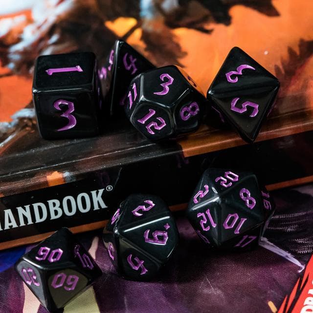 RPG Dice | Solid Black (Pink Ink) | Set of 7