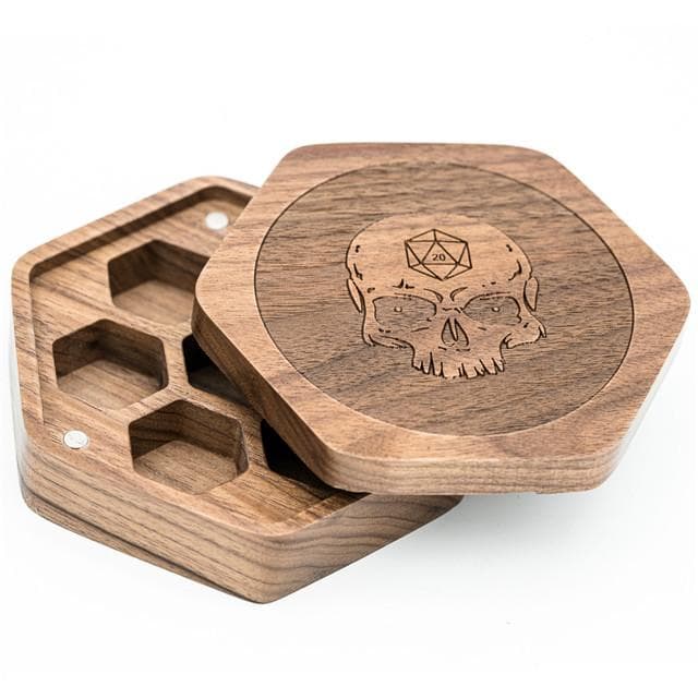 Dice Box | Wooden Hexagonal | Walnut with Skull