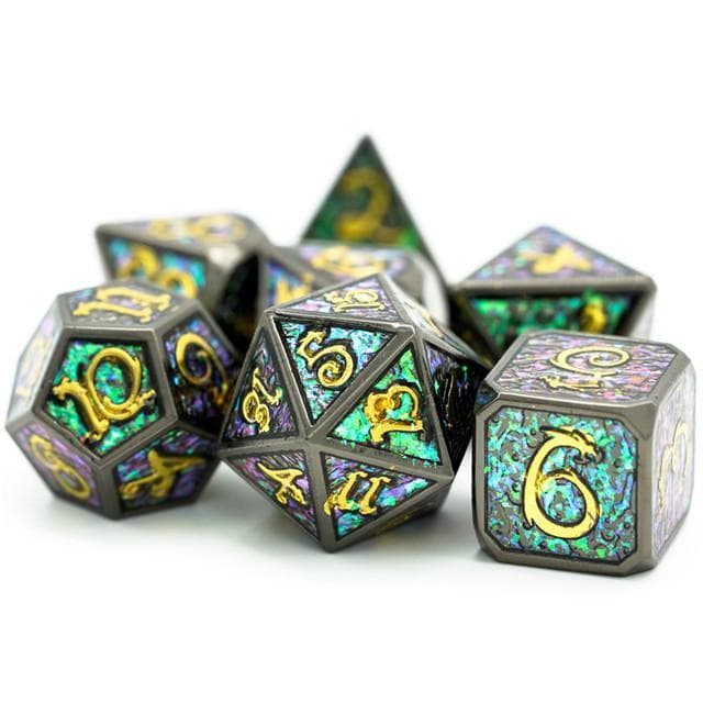 Metal Dice | Iridescent Enamel w/ Gold Dragon | Set of 7