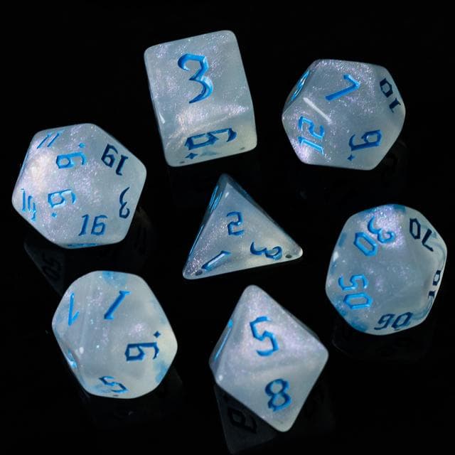 Polyhedral Dice Set | Acrylic | "Moonstone Thorns" Blue Ink | Set of 7 (D0122)