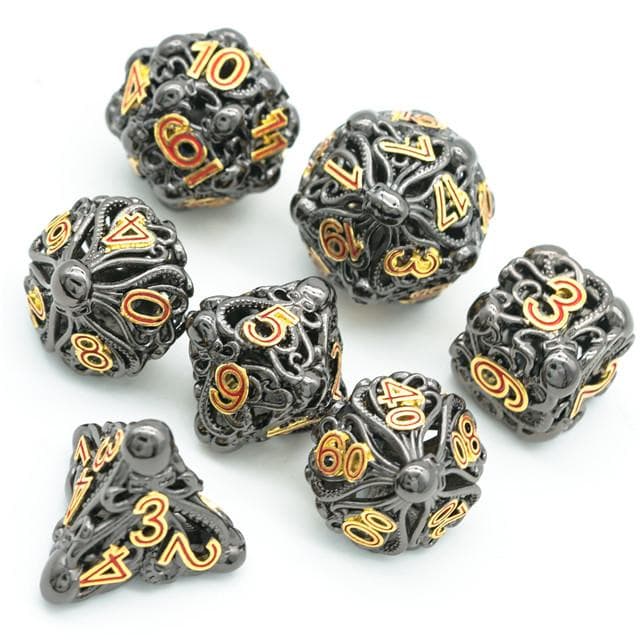 Metal Dice | Hollow "Octopus" Black & Gold | Set of 7