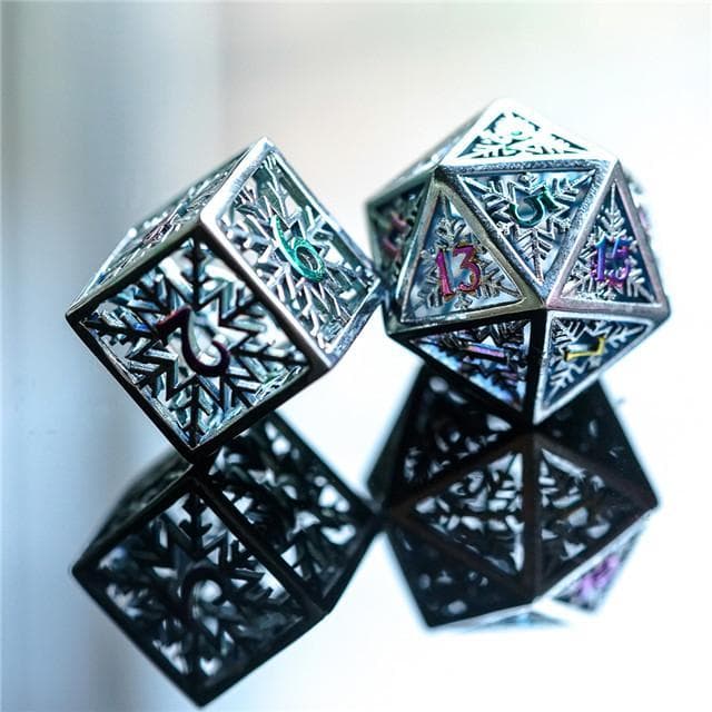 Metal Dice - Hollow "Snowflake" Rainbow Silver - Set of 7