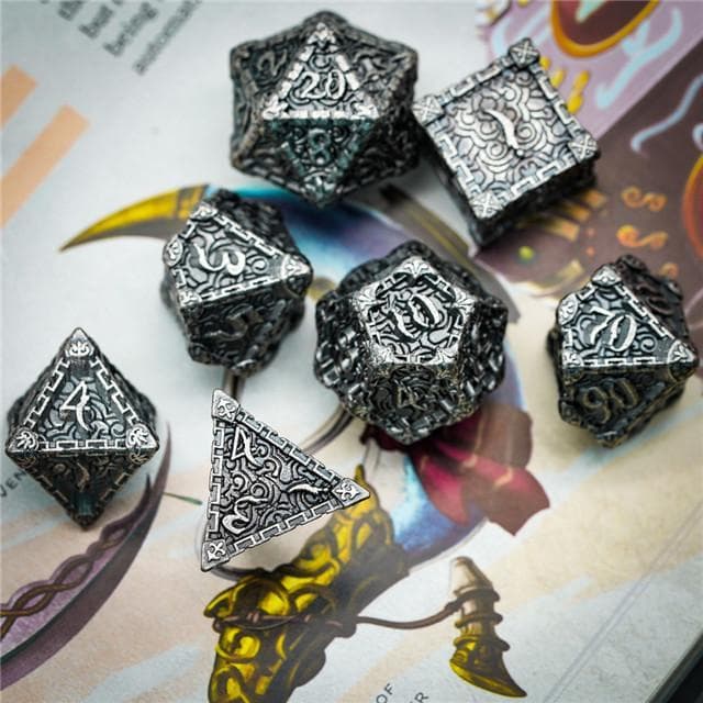 Metal Dice | "Dagger of Venom" Tumbled Silver | Set of 7