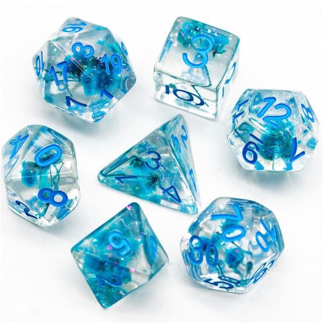 RPG Dice | "Suspended Flower" Glitter Blue | Set of 7