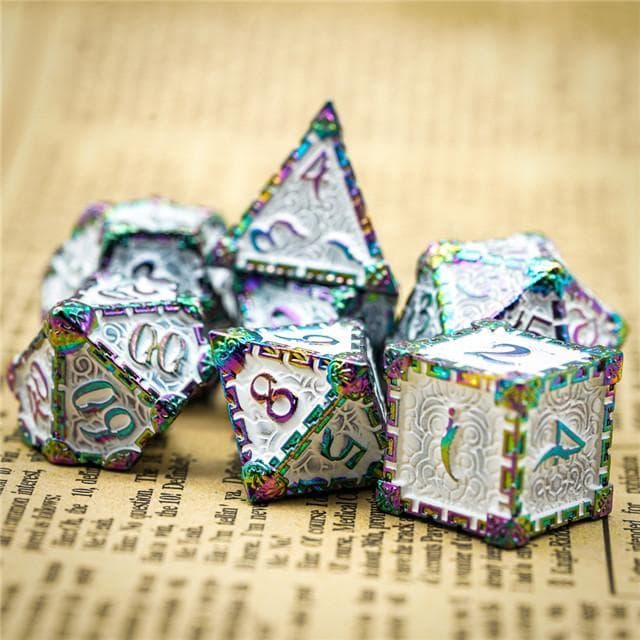 Metal Dice | "Dagger of Venom" Rainbow White | Set of 7