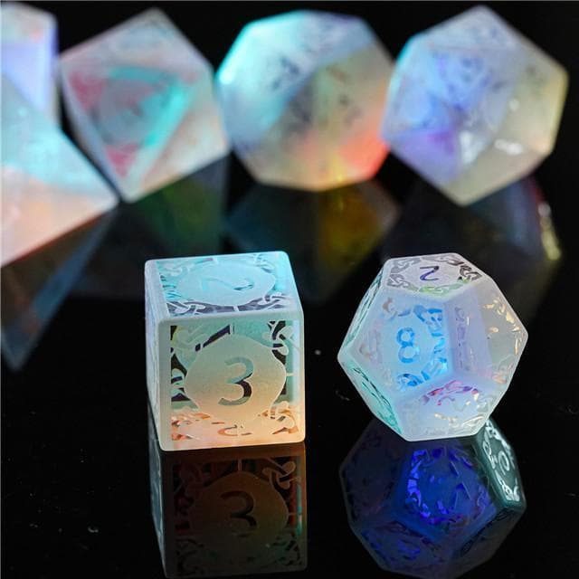 Polyhedral Dice Set | Crystal | Rainbow Frosted w/ Celtic Knot | Set of 7 (D0214)