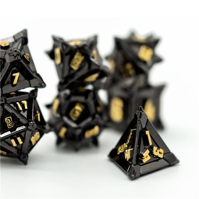 Metal Dice | "Cruel Caltrops" Black & Gold | Set of 7