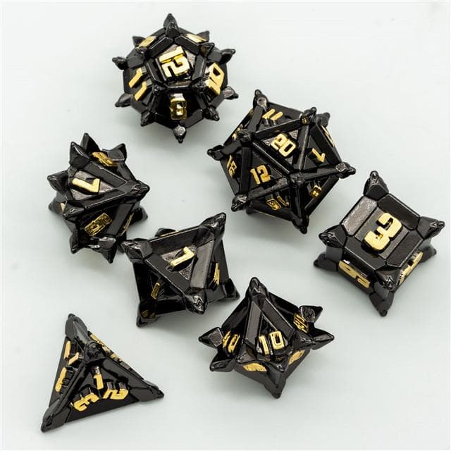 Metal Dice | "Cruel Caltrops" Black & Gold | Set of 7