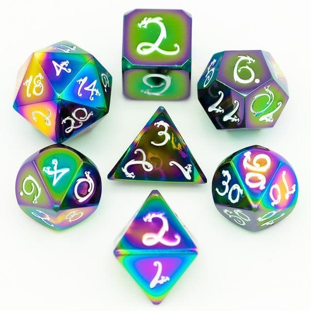 Metal Dice | Rainbow Chrome w/Dragon (White Ink) | Set of 7