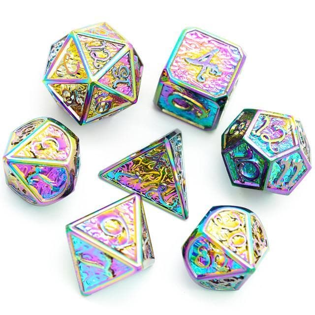 Metal Dice | Rainbow Chrome w/Dragon and Clouds | Set of 7
