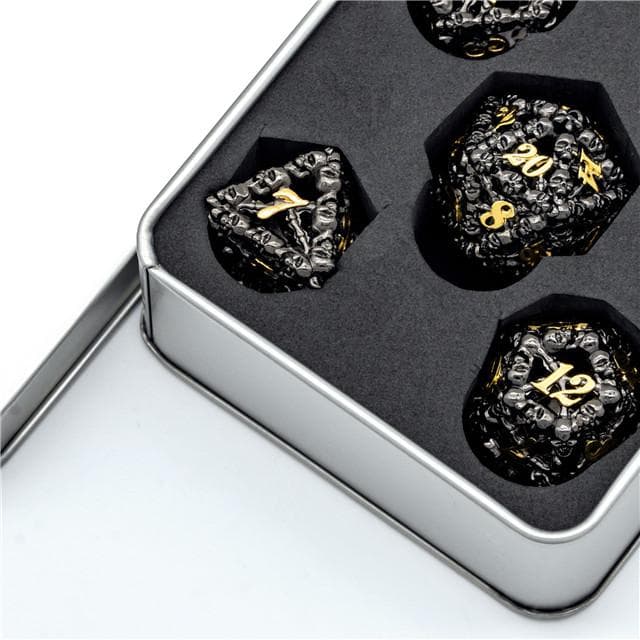 Metal Dice | Hollow "Skull" Black & Gold | Set of 7