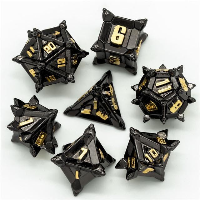 Metal Dice | "Cruel Caltrops" Black & Gold | Set of 7