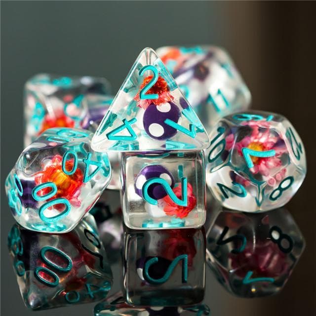 RPG Dice | "Magic Mushroom" Purple w/Flowers | Set of 7