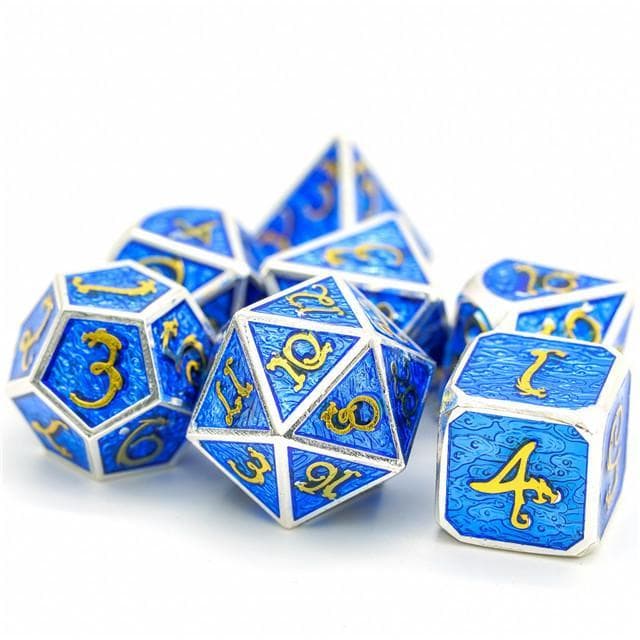 Metal Dice | Silver w/ Blue Enamel & Gold Dragon | Set of 7