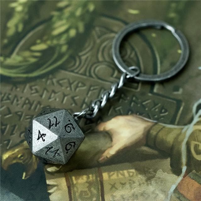 Weathered Silver d20 Dice Keychain | Black Ink Dragon