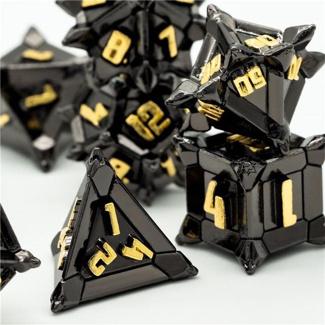 Metal Dice | "Cruel Caltrops" Black & Gold | Set of 7