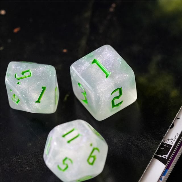 Polyhedral Dice Set | Acrylic | "Moonstone Thorns" Green Ink | Set of 7 (D0123)