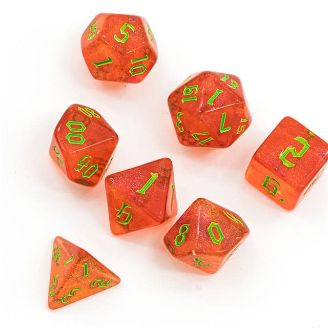 Polyhedral Dice Set | Acrylic | "Strawberry Thorns" Green Ink | Set of 7 (D0184)
