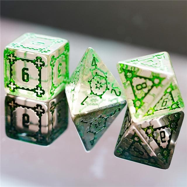 Large RPG Dice | "Chunky Castle" Transparent (Green Ink) | Set of 7