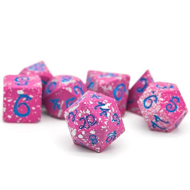 Metal Dice | Pink & White w/ Blue Dragon | Set of 7