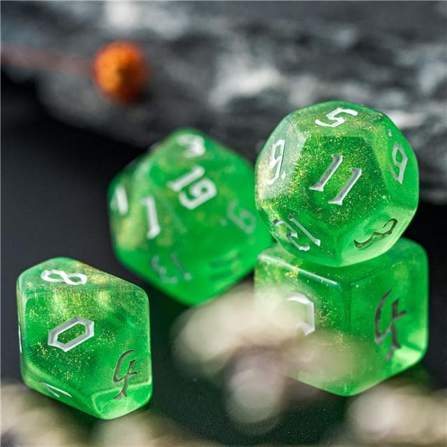 Polyhedral Dice Set | Acrylic | "Emerald Thorns" White Ink | Set of 7 (D0119)
