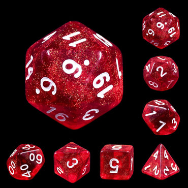 RPG Dice | "Glittering Ruby" (White Ink) | Set of 7