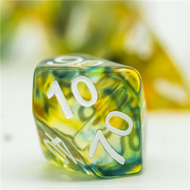 Polyhedral Dice Set | Resin |  "Stained Glass" Yellow & Green | Set of 7 (D0026)