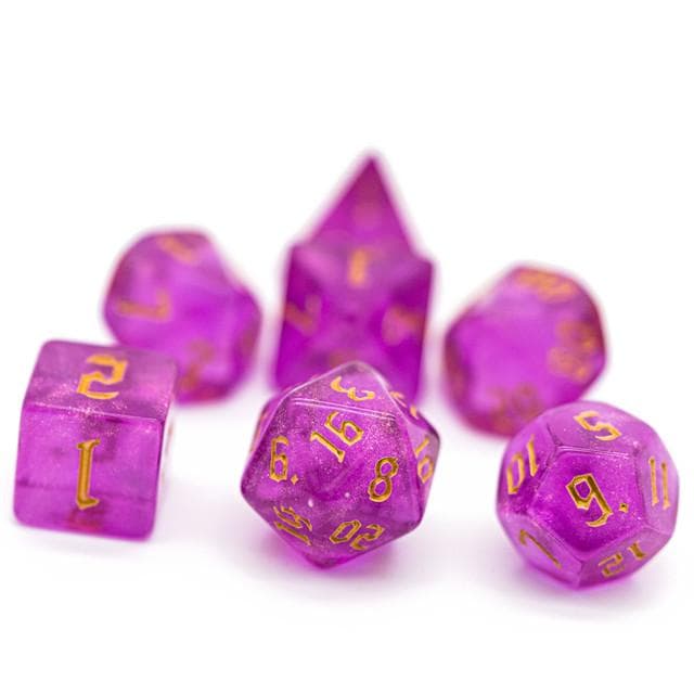 Polyhedral Dice Set | Acrylic | "Magenta Thorns" Gold Ink | Set of 7 (D0121)