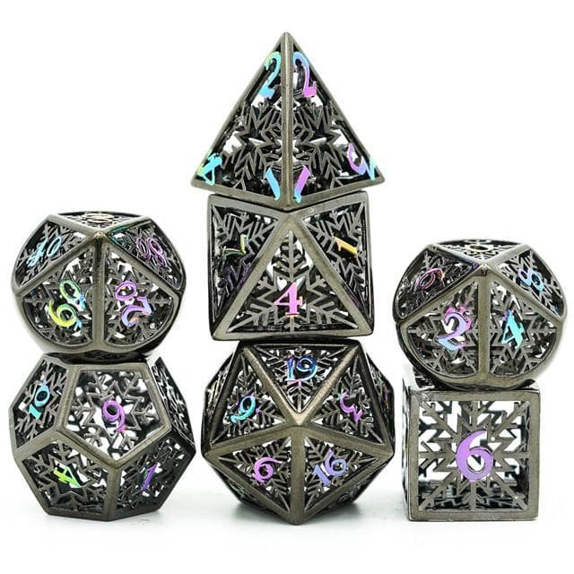 Metal Dice - Hollow "Snowflake" Dark Rainbow - Set of 7