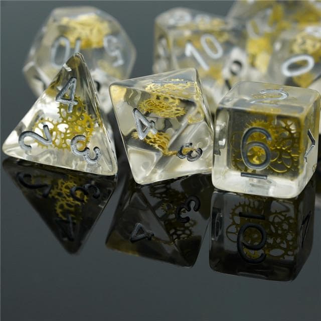 Polyhedral Dice Set | Resin | "Golden Gears" Suspended Gear | Set of 7 (D0117)