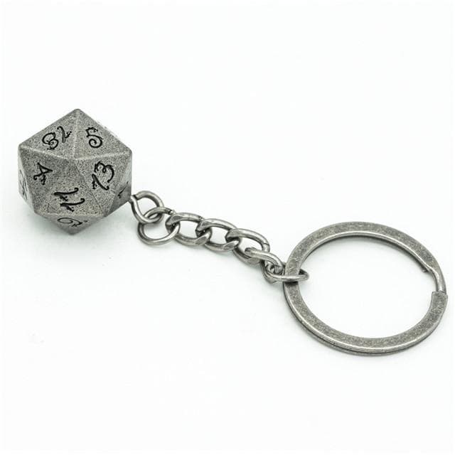 Weathered Silver d20 Dice Keychain | Black Ink Dragon