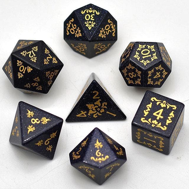 Gemstone Dice - Blue Goldstone Filigree - Set of 7