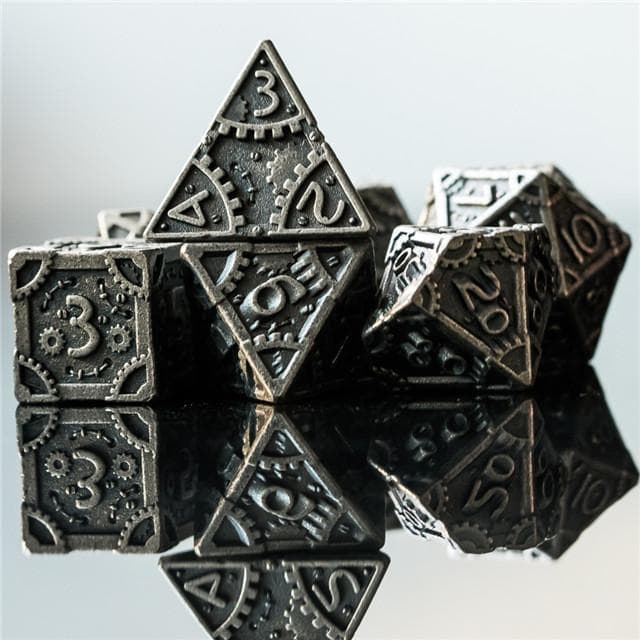 Metal Dice | "Grinding Gears" Silver | Set of 7