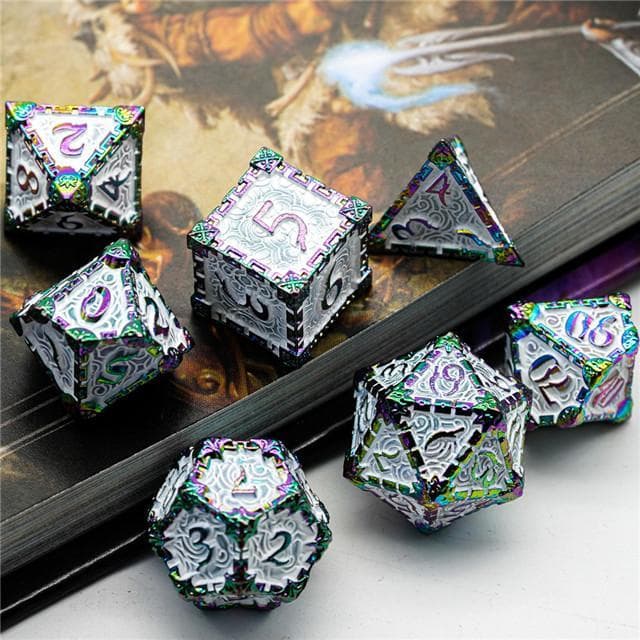 Metal Dice | "Dagger of Venom" Rainbow White | Set of 7