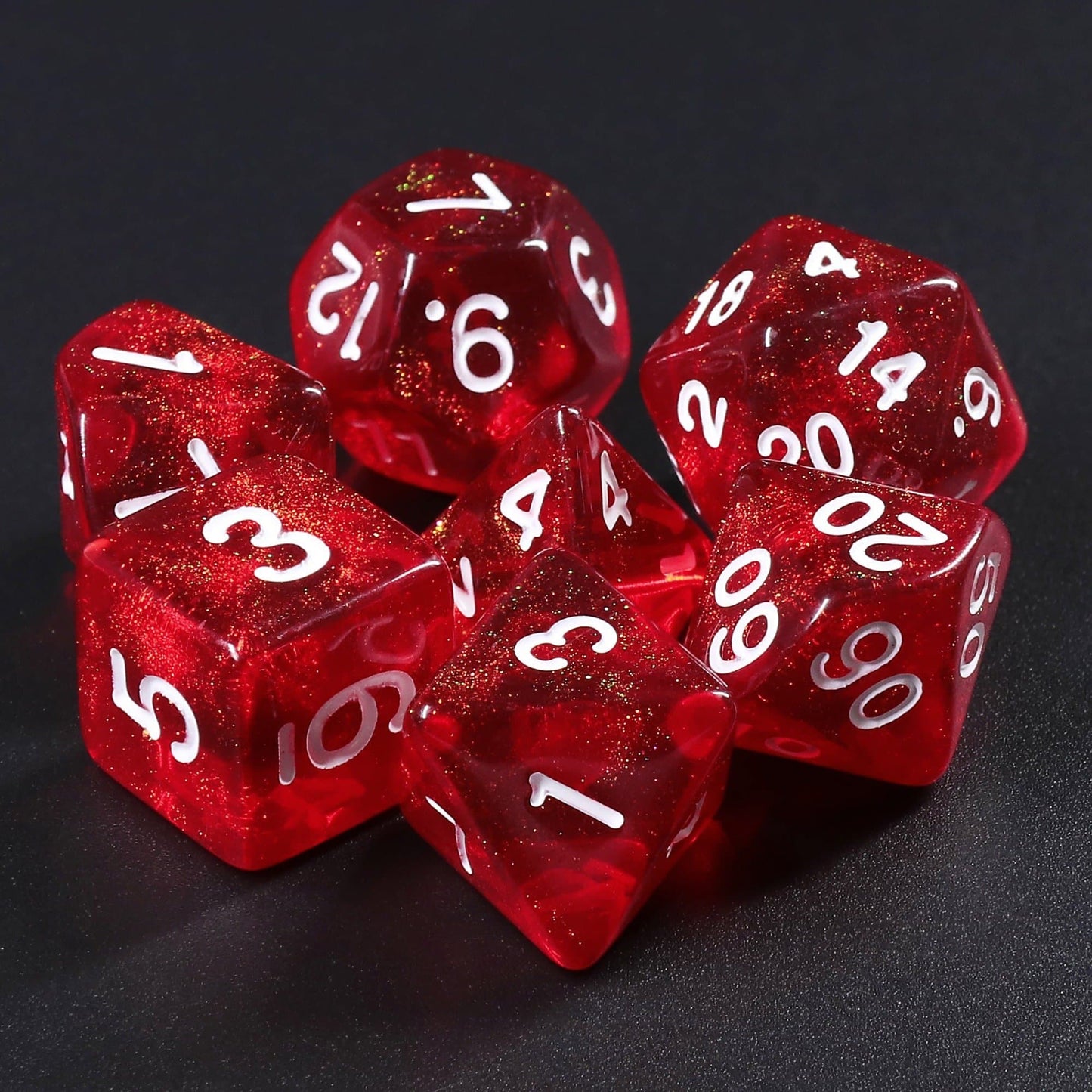 RPG Dice | "Glittering Ruby" (White Ink) | Set of 7